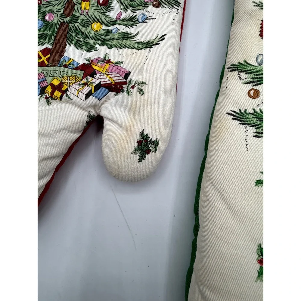 Spode‎ Christmas Tree Oven Mitts Set 2 Vintage 1990s Holiday Quilted Red Green
